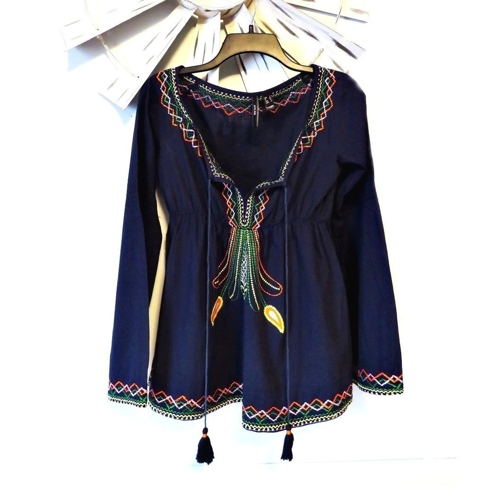 Mango MNG Suit Navy Blue Embroidered Cotton Peasant Blouse Boho Tassel 4 XS